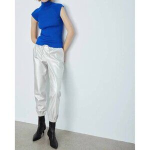 Melissa Nepton Metallic Faux Leather Silver Tristan Jogger pants SMALL